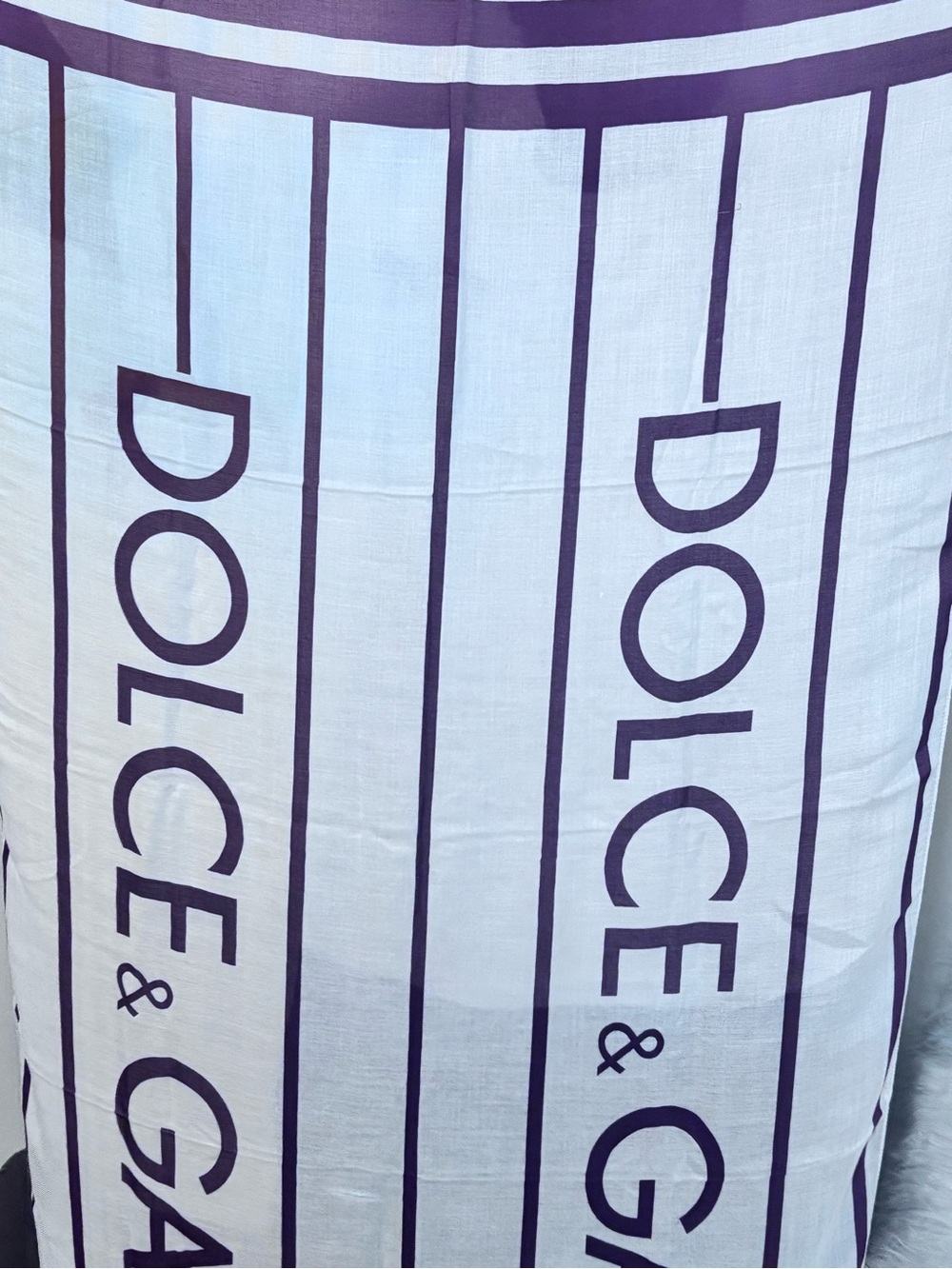 Dolce & Gabbana White Scarf with burgundy DG Logo Stripes.